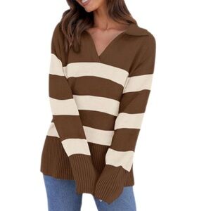 Zesica V Neck Collared Sweater Striped Cream and Chocolate Oversized Small